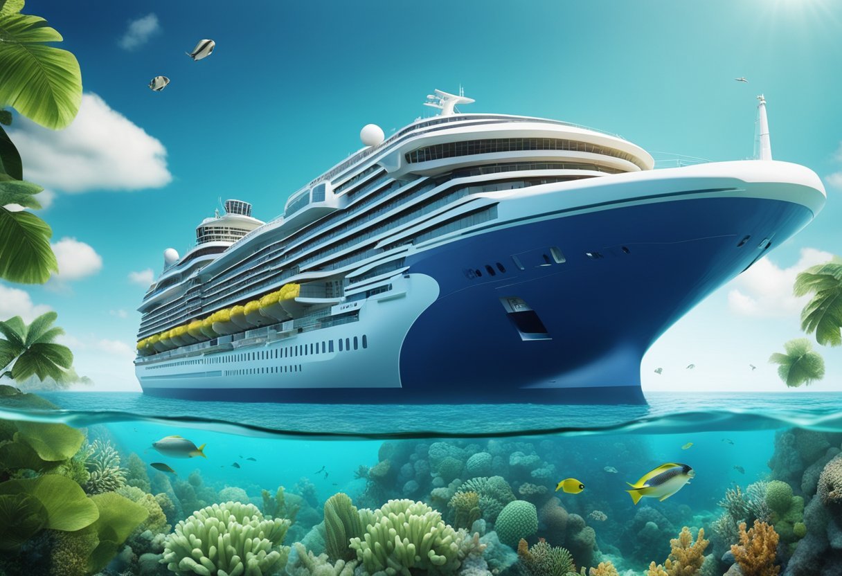 A futuristic cruise ship powered by renewable energy sails through crystal-clear waters, surrounded by lush greenery and marine life