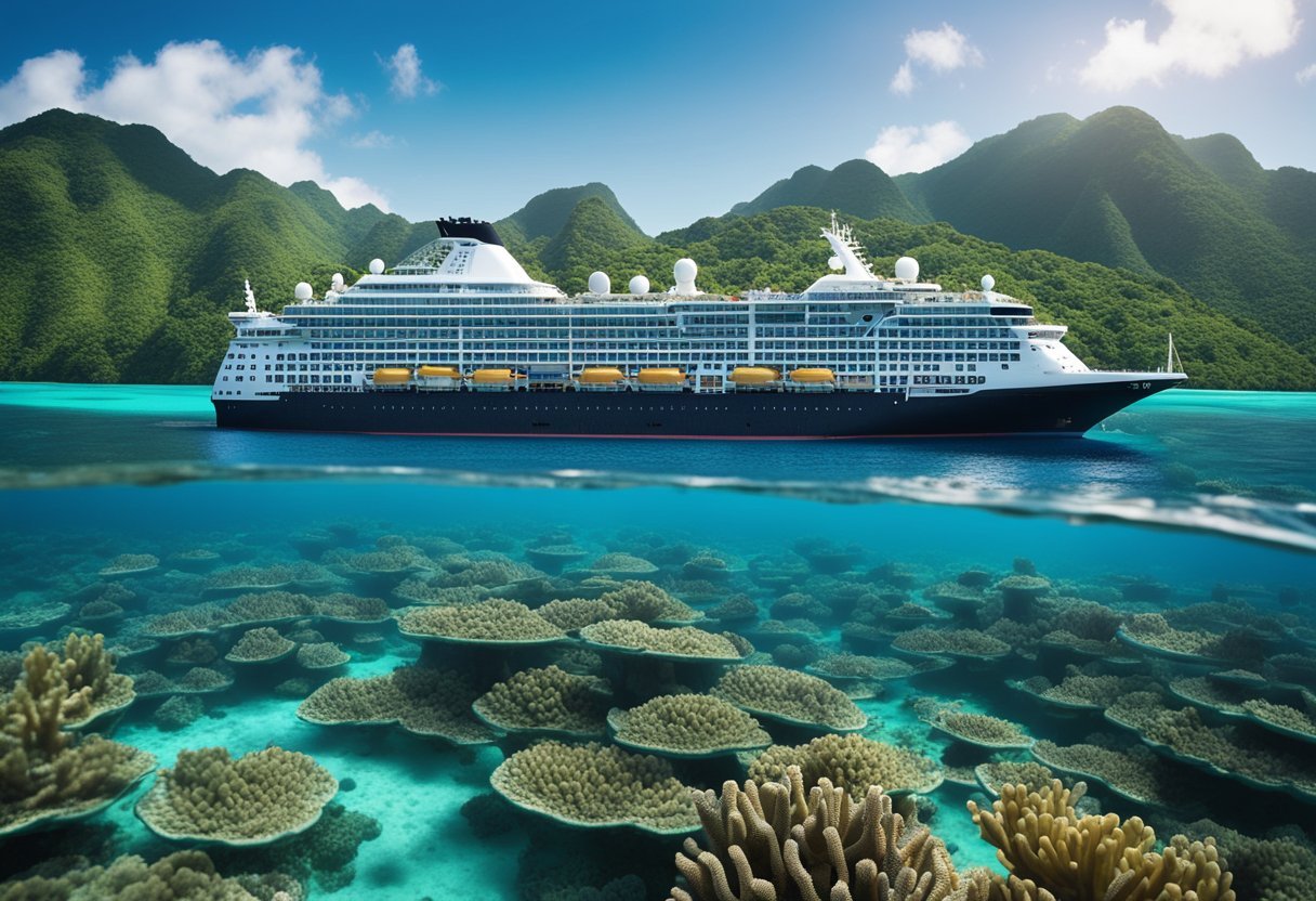 A cruise ship glides through clear blue waters, surrounded by lush green islands and vibrant coral reefs. Solar panels and wind turbines dot the deck, while a team of marine biologists conducts research in the onboard laboratory