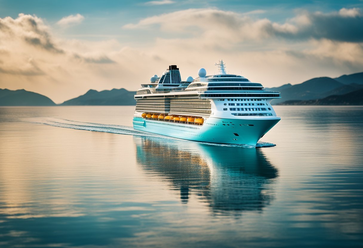 A modern, eco-friendly cruise ship glides through crystal-clear waters, powered by renewable energy sources and featuring innovative sustainable design elements